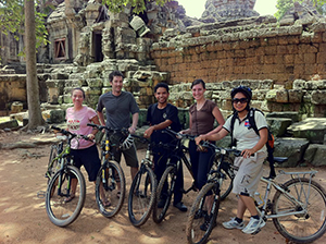 One of Angkor Wat temple in nature with big tree with scaffolding