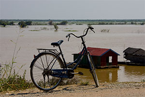 Boat near lake shore of Tonle Sap in Cambodia